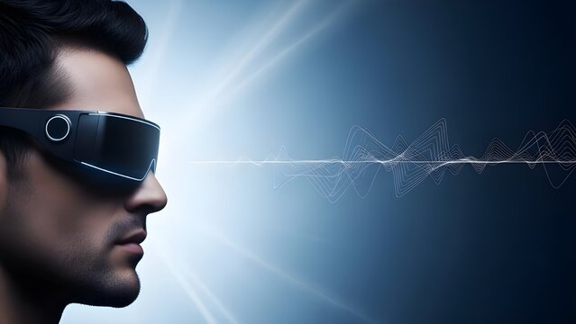 Man Profile Wearing Futuristic VR Goggles with Abstract Digital Light Waves - Powered by Adobe