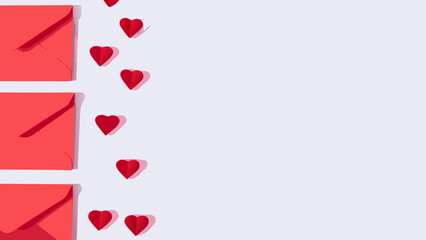 Valentine's day flat lay vector background with red envelopes and hearts on light purple background for love with romance