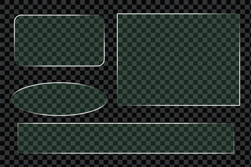 Vector illustration. Set of glass templates with reflection. Elements of graphic design for posters, games, web pages. Glowing borders. Objects with shadows. Realistic glass transparent background eps