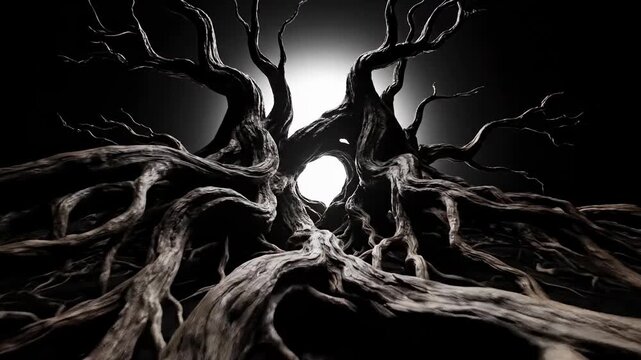 Dark Gnarled Tree with Sprawling Roots and a Mystical Glow.