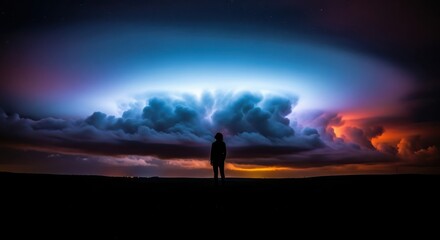 Solitary figure observes massive illuminated storm cloud formation against a dark horizon