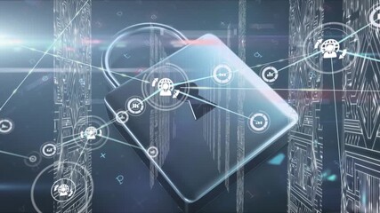 Animation of network of connections with icons and digital padlock over integrated circuits - Powered by Adobe