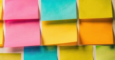 Colorful sticky notes cover surface. Bright hues create vibrant pattern, ideal for reminders, organization. Simple, flat layout.