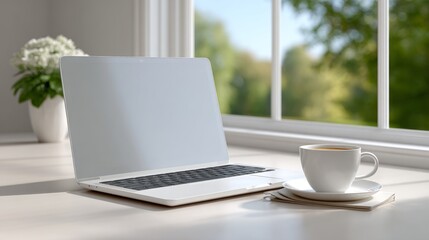 Fototapeta premium Modern Workspace with Laptop and Coffee Cup Bathed in Natural Light