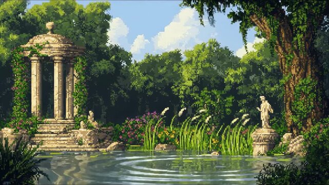 Vibrant pixelated classical garden sanctuary with ornate stone gazebo and elegant statue standing beside a calm pond, reflecting the lush green trees and soft blue sky, displaying retro charm.