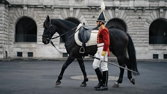 A ceremonial horse and rider in military attire stand in formation on a cobblestone street near a grand building