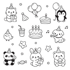 Adorable animals in party hats with balloons and cake create a festive birthday scene perfect for children's decorations and invitations.