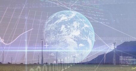 Animation of graphs, globe and data processing over wind turbine - Powered by Adobe