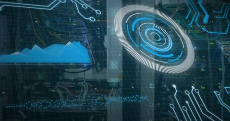 Animation of scope scanning and data processing over stock market on black background - Powered by Adobe