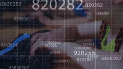 Animation of data processing over coronavirus cells financial text - Powered by Adobe