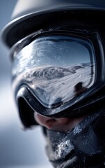 close up of person wearing snow goggles reflecting mountains