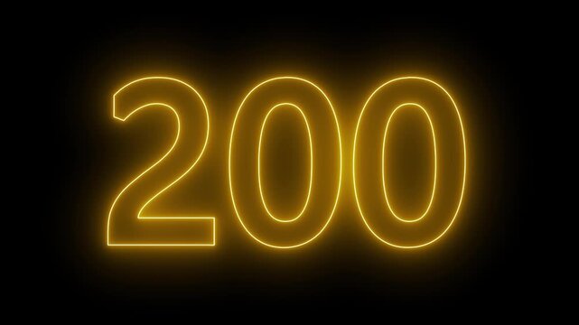 glowing neon text 200 number countdown icon. flickering neon number 200 on black background.