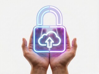 Secure cloud storage concept hands holding neon padlock isolated on white