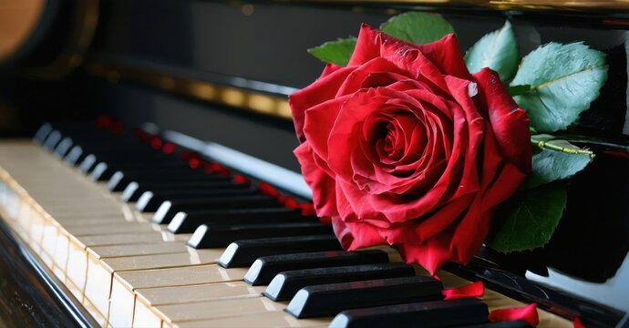 Red rose rests upon piano keys. Dark background emphasizes flower, creating romantic mood. Elegant composition, soft lighting.