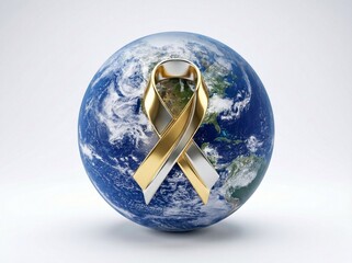 Golden and silver awareness ribbon wrapped around a realistic earth