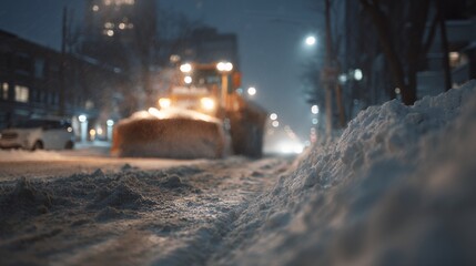 snowplow clears snowy city street at night