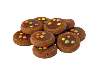 Group of delicious chocolate cookies topped with vibrant candies