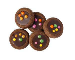 Chocolate cookies with colorful candy toppings, transparent background