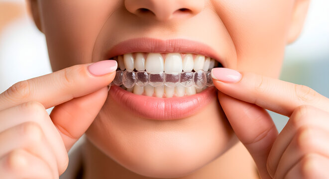 Woman with clear aligners showing off her perfect, straight teeth