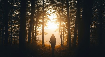 Solitary hiker walks toward bright sunlight filtering through a dense forest canopy