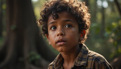 Indigenous child in forest. Boy explores nature with a curious expression. Australian kid in outdoor natural environment during daylight. Green bokeh background. Adventure exploration.