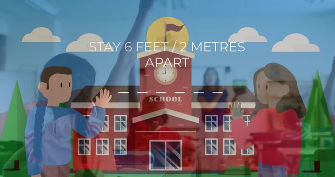 Animation of school icons over diverse schoolchildren with teacher