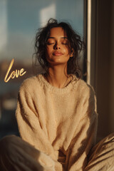 Woman with eyes closed in golden sunlight with glowing love text