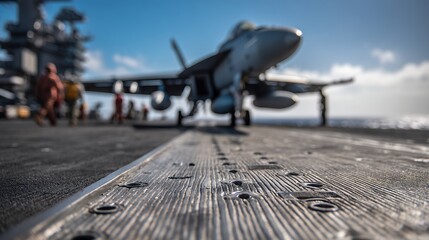 fighter jet sits on aircraft carrier deck