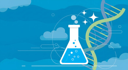 Science and research concept with DNA helix and laboratory flask
