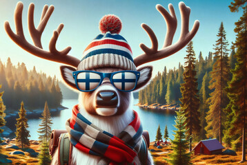 ein Rentier, das eine gestrickte M&uuml;tze mit Streifen in den Farben der finnischen Flagge (Rot, Wei&szlig;, Blau) und eine Sonnenbrille tr&auml;gt, deren Gl&auml;ser ebenfalls die finnische Flagge zeigen.