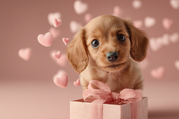 Cute puppy sitting in gift box with floating hearts on pink background