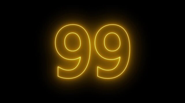glowing neon text 99 number countdown icon. flickering neon number 99 on black background.