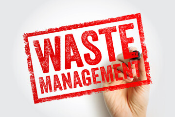 WASTE MANAGEMENT stamp text in rectangular frame, hand holding marker illustrating environmental control concept, sustainability theme showing service category as official approval style imprint