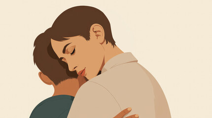 Embracing figures, a woman and a child, share a tender moment, showcasing love and connection in a warm, minimalistic illustration with soft colors and gentle expressions conveying affection