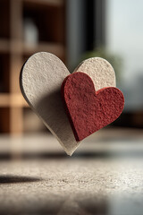 Two overlapping textured heart decorations in red and white for Valentine's Day