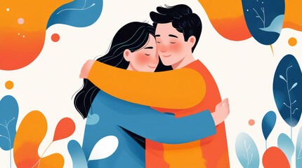 Embracing couple in colorful illustration surrounded by abstract foliage, conveying warmth and affection, perfect for expressing love and connection in visual storytelling