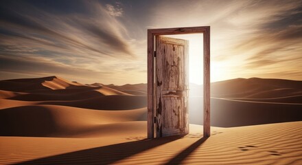 An open wooden door leading to a desert landscape with a bright sun shining through.