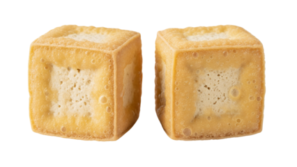 Fried tofu (spongy tofu) cut into thick rectangular blocks, with two front pieces sliced open to expose the porous, airy interior structure