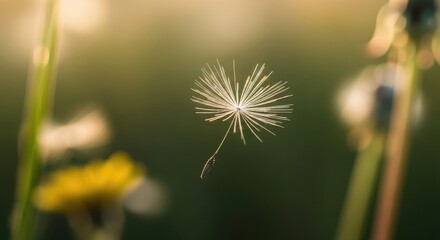 A dandelion seed head in flight against a blurred green background.