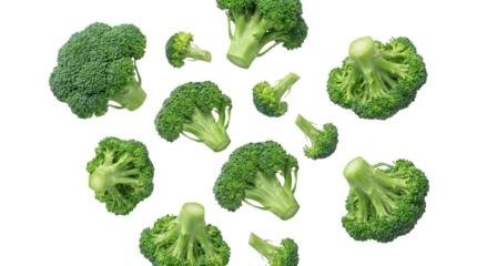 scattered fresh green broccoli florets on a transparent background, dynamic composition, food illustration
