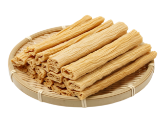 Dried tofu skin strips (yuba) arranged neatly in a shallow oval bamboo tray