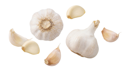 fresh whole garlic bulbs and peeled cloves artfully arranged on a transparent background, ideal for food blogs, recipes, and culinary presentations.