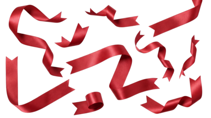 a stylish selection of flowing red satin ribbons, uniquely folded and arranged, isolated against a deep transparent background for creative design projects.