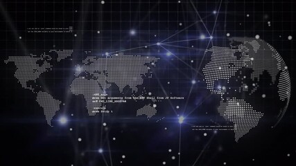 Animation of data processing and world map over dark background - Powered by Adobe