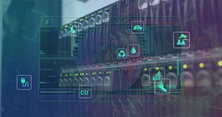 Animation of data processing on digital screen and eco icons over machine - Powered by Adobe
