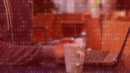 Animation of digital data processing over caucasian schoolboy using laptop - Powered by Adobe