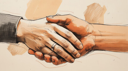 Hands shaking in an illustration, symbolizing unity and collaboration in a stylized illustration, emphasizing connection and collaboration in diverse relationships