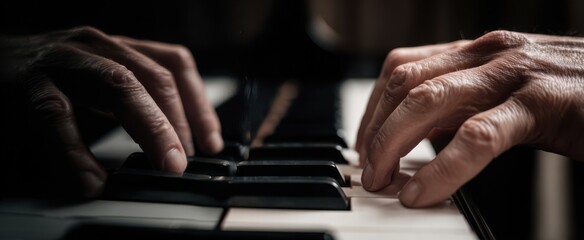 Obraz premium The Piano Keys Under Skilled Hands Create an Intimate Musical Moment in Low Light