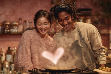 Interracial couple cooking together and laughing in romantic kitchen
