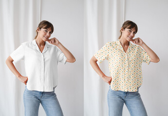 Mockup Of Woman Wearing Customized Short Sleeve Shirt